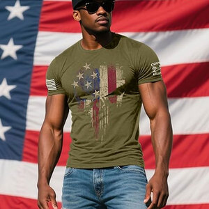 Camiseta de Manga Corta con Diseño de Calavera y Bandera Estadounidense, Camiseta Patriótica para Hombre con Gráfico de Calavera y Bandera de EE. UU., Informal, de Verano, de Algodón - Product Image 5