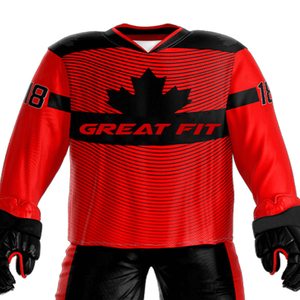 Ensemble uniforme de hockey pour homme, coupe ajustée, rouge et noir, impression par transfert thermique, respirant, 100 % polyester, sans couture, détection par aiguille de fusion - Product Image 2