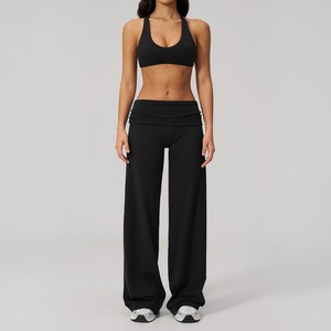 5 Pcs Hot Bra Vest Short Sleeve T Fold Waist Shorts Wide Leg <b>Pant</b> Gym Workout Pilate Outdoor Sports Fitness Women Yoga Set - Product Image 3