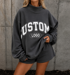 Sweat-shirt surdimensionné personnalisé pour femme, col rond, streetwear, manches longues, tricoté en coton uni, écologique, broderie frontale, automne - Product Image 1