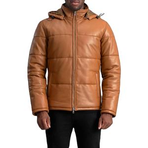 Blouson matelassé en cuir à capuche pour homme, style streetwear d'hiver, fermeture éclair sur le devant, imperméable, respirant, cuir véritable - Product Image 1