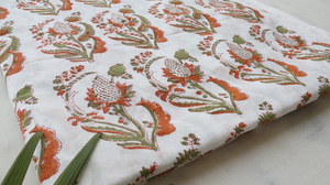 Hand Block Printed Lightweight Cotton <b>Fabric</b> by Yard White Floral Paisley Jaipur Sanganeri Soft <b>Indian</b> Dress Boys Textile - Product Image 1
