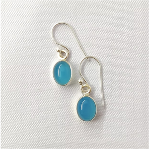 925 Sterling <b>Silver</b> Blue Oval Chalcedony Drop <b>Earrings</b> - Trendy Tiny Gemstone <b>Dangle</b> Minimalist Daily Wear Jewelry - Product Image 2