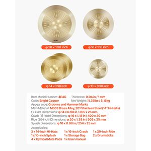 Set Batteria in Lega a 4 Pezzi con Hi-Hat da 14'', Crash da 16'', Ride da 20'' e Piatti da 10'' - Product Image 5
