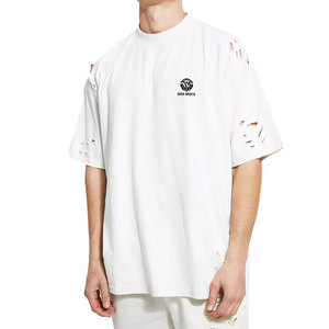 T-shirt déchiré personnalisé avec logo imprimé pour hommes, manches courtes, décontracté, 100 % coton, coupe ample - Product Image 1