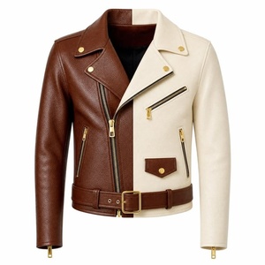 Men's Two-Tone Leather Moto <b>Jacket</b> With Belt And Zipper Closure <b>Patchwork</b> Design Autumn Wear - Product Image 1