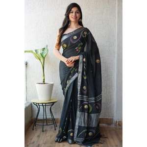 Sari de lino y algodón estampado único con blusa de lino, listo para usar en la oficina, ropa étnica de proveedor indio para exportación a granel - Product Image 1