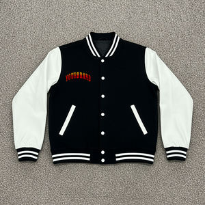 Customized Men's <b>Black</b> Varsity <b>Jacket</b> Cream Sleeves Embroidered Logo Front Button Closure Preppy Style Autumn Wear Regular Fit - Product Image 4