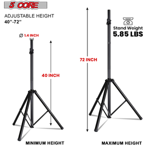 5 Core Metal Heavy Duty <b>Adjustable</b> 72" Speaker <b>Stand</b> Tripod Pair with Universal Mount for PA DJ Studio Use and Carry Bag - Product Image 2