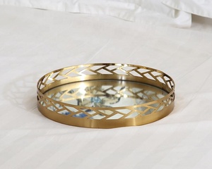 100% fatti a mano rotonda in metallo oro <span class=keywords><strong>specchio</strong></span> di vetro che serve <span class=keywords><strong>vassoio</strong></span> per la decorazione domestica e l'hotel - Product Image 2