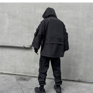 Veste en toile à capuche pour homme style punk - Coupe-vent multi-poches Techwear avec fermeture éclair à boucle, finition noire - Product Image 5