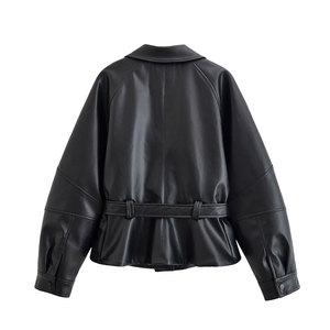 Women's Slim Fit Black PU Leather <b>Bomber</b> <b>Jacket</b> Windproof Turn-Down Collar Zipper Closure Regular Sleeve <b>Vintage</b> Autumn Front - Product Image 2