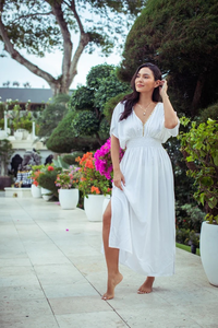 Vestido Maxi Boho Blanco con Cuello en V, Manga Corta, Dobladillo Asimétrico, Ajuste Holgado, Cintura Elástica, Verano, Casual, Transparente, 100% Algodón Tejido, Color Sólido - Product Image 4