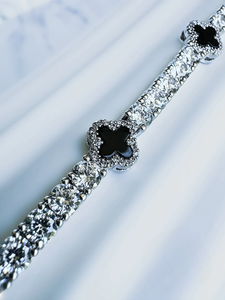925 <b>Silver</b> Moissanite Clover <b>Bracelet</b> Diamond Tennis Chain Luxury Womens Elegant Black Flower Charm <b>Adjustable</b> Jewelry - Product Image 2