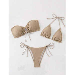 Women's Ribbed <b>Bikini</b> <b>Set</b> Bandeau Top Tie Side Bottoms Solid Color Stretch Fabric Drawstring Detail - Product Image 2