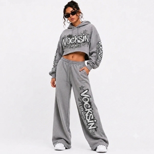 VOCKSIN EXPORTS Women's <b>Grey</b> Cropped <b>Hoodie</b> Wide Leg Fleece Sweatpants Set Printed Cotton High Street Style Regular Fit Winter - Product Image 5