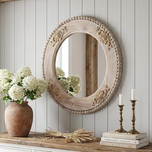 Vintage Round Wooden Wall <b>Mirror</b> <b>Hand</b> Carved Decorative Accent <b>Mirror</b> Rustic Farmhouse Home Decor - Product Image 5