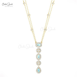 สร้อยคอทองคำแท้ 14k ประดับพลอยอะความารีนทรงหยดน้ำขนาด 5x3 มม. และเพชรแบบคลัสเตอร์ งานสั่งทำพิเศษจากอินเดีย - Product Image 1
