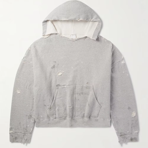 Sweat-shirt à capuche oversize court gris en molleton bouclette unisexe couleur unie avec poches effet délavé style automne - Product Image 1