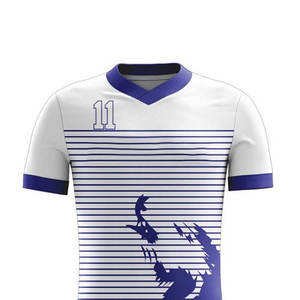 Conjunto de Uniforme de Fútbol Sublimado Personalizado, Conjunto de Uniforme de Fútbol Blanco con Rayas Azules para Hombre, Venta al por Mayor, Conjunto de Alta Calidad para Adultos - Product Image 5