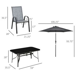 Set da Pranzo per Esterni in 8 Pezzi con Ombrellone Regolabile, Tessuto ad Asciugatura Rapida, 6 Sedie in Grigio - per Ospedali - Product Image 3