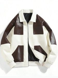 Blouson aviateur en cuir PU marron pour homme, col rabattu, fermeture éclair, vêtement décontracté pour l'automne - Product Image 3