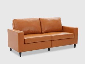 Sofá de 2 Plazas Moderno en Cuero Genuino Color Bronceado con Madera, Sofá Ecológico de Estilo Transicional para Apartamentos Compactos, Mueble Contemporáneo para Sala de Estar - Product Image 1