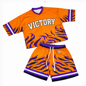 Ensemble de maillots et shorts de sport personnalisés sublimés orange et violet, tenue d'entraînement athlétique unisexe, séchage rapide, vêtements d'équipe, sport décontracté d'été - Product Image 1