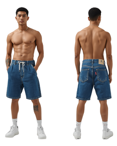 Pantalones Cortos de Mezclilla para Hombre, Cintura Alta, Cierre con Cordón, Color Sólido, Estilo Casual, 100% Algodón Tejido Transpirable - Product Image 1