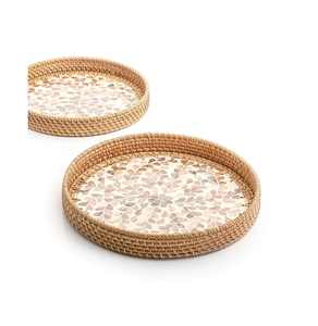 Plateau de service en rotin et nacre, lot de 3, artisanat très demandé, plateau de service en nacre et rotin, meilleure vente - Product Image 4