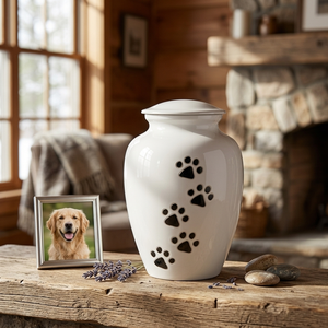 White Pet Cremation <b>Urn</b> With Black Paw Prints Design For Dog <b>Cat</b> Memorial - Product Image 3