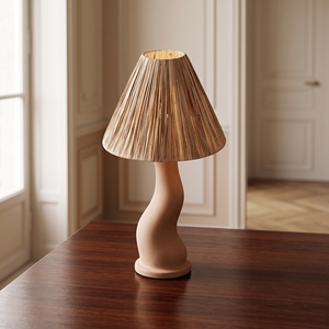 <b>Rustic</b> Ceramic Table Lamp Pleated Raffia Shade Curvy Wavy Base Wabi Sabi Bedside <b>Desk</b> Light Minimalist E27 Bulb Base Bali Home - Product Image 3