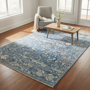 Tapis d'appoint en pure laine noué à la main - Tapis oriental floral bleu ivoire de luxe pour salon moderne - Product Image 1