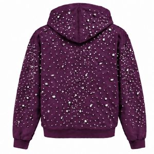 Plum Pearl <b>Zip</b> Up <b>Hoodie</b> Decorative Pearl Studded Fashion Streetwear Jacket Long Sleeve Hooded Sweatshirt With Front <b>Pockets</b> - Product Image 2
