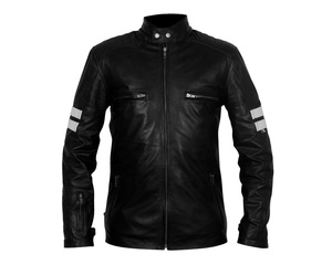 Men's Winter Stand Collar Black <b>Cow</b> Skin Leather Hooded Jacket with White Stripes Waterproof & Reversible - Product Image 6