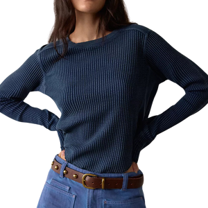 T-shirt en coton tricoté à manches longues et col rond pour femme, coupe ajustée, couleur unie, décontracté, respirant, texture gaufrée, bleu, vente en gros - Product Image 1