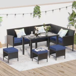 Set di mobili da esterno da giardino in 7 pezzi da tavolo in vetro impermeabile salvaspazio cuscini per sedili blu scuro per terrazze giardini - Product Image 2