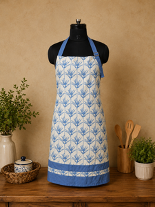 Tablier en lin de qualité supérieure |   Tablier en lin à imprimé floral botanique bleu et blanc avec bordure contrastée |   Cuisine réglable pour la préparation des aliments - Product Image 2