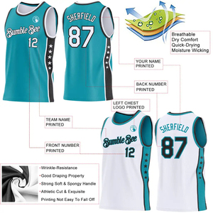 Ensemble de maillots de basket-ball réversibles, bleu turquoise et blanc, imprimé par transfert thermique, maille respirante, unisexe, adulte, coupe régulière, débardeur sans manches - Product Image 2