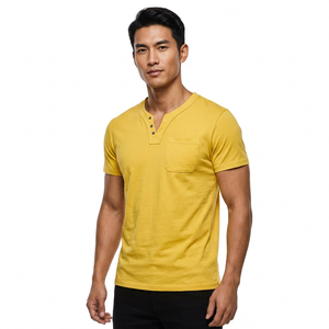 Men's Yellow V-Neck Fit Short Sleeve <b>T</b>-<b>Shirt</b> Solid Color Casual Knitted <b>with</b> <b>Pocket</b> - Product Image 3