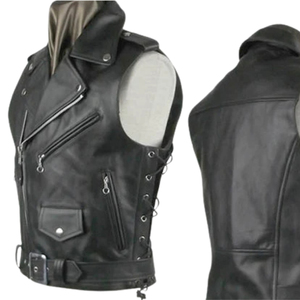 Men's Black Genuine Leather Biker Vest Motorcycle <b>Waistcoat</b> With Side Lacing And Zipper - Product Image 5