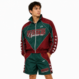 Y2K Streetwear Men's Casual <b>Vintage</b> Style 2-Piece Polyester Breathable Reflective Piping <b>Windbreaker</b> Short Sets Summer Wear USA - Product Image 5