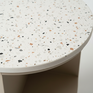 Table d'appoint moderne PKP pour chambre et salon, avec étagère et 2 tiroirs, en bois d'hévéa écologique du Vietnam, MDF, placage de chêne et plateau en marbre - Product Image 2