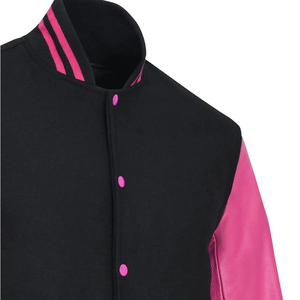 <b>Mens</b> Black and Pink Varsity Style Jacket Leather Style Sleeves Striped Ribbed Trim Snap Button Urban Streetwear Fashion - Product Image 2
