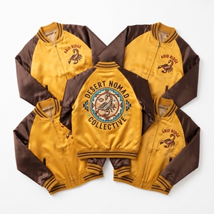 Wholesale Satin Varsity Jacket Supplier Red Cream Desert Hawk Embroidered Bomber <b>Coat</b> Front Zipper Athletic Brand Vendor - Product Image 5