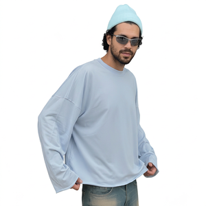 T-shirt à manches longues surdimensionné pour homme, couleur unie, décontracté, col rond, design uni, coton jersey, coupe ajustée - Product Image 5
