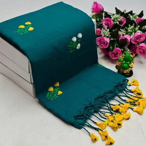 Dupatta bleu turquoise de qualité supérieure avec broderie à la main, travail au fil floral et pompons jaunes décoratifs pour femmes – Écharpe ethnique - Product Image 1