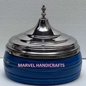 Luxury Blue Wooden Casserole with Stainless Steel <b>Lid</b> Insulated Hot <b>Pot</b> Serving Bowl Handmade Premium Dining Ware for Home Hotel - Product Image 3