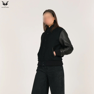 Nouvelle Arrivée 2026 – Service OEM/ODM – Blousons universitaires noirs pour femmes à col montant et manches longues avec manches en cuir véritable - Product Image 6