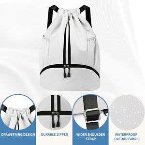 White 600D <b>Drawstring</b> <b>Backpack</b> with Zippered Pocket 18.5x12.5x5.9 Inches for Sports Gear and Daily Use - Product Image 5